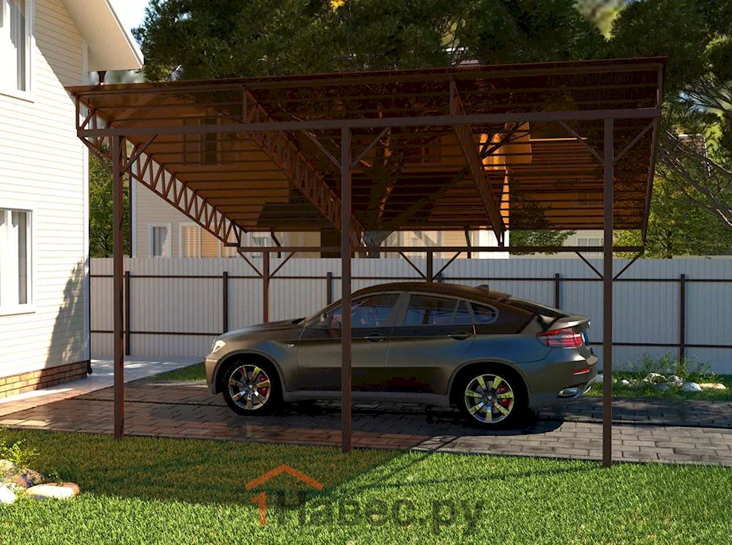 Односкатный навес из поликарбоната для автомобилей